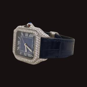 Luxury Classic Date <b>Watch</b> Moissanite Cut Diamond Half Iced <b>Blue</b> Leather Belt Roman Dial 22mm Band Width Analog <b>Man's</b> <b>Watch</b> - Product Image 5