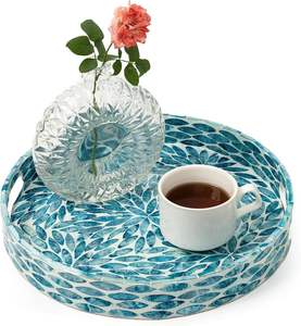 Plateau de service de luxe en mosaïque de nacre, finition marbre, en bois laqué, pour table basse et petit-déjeuner - Product Image 4