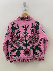 Veste décontractée pour femme grande taille, style bohème, col mandarin brodé floral rose, manches trois quarts, printemps - Product Image 4