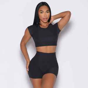 Women's <b>Black</b> 2 Piece Sports Set Crop <b>Top</b> High Waist Shorts Solid Color Spandex Knitted Breathable Skinny Fit Pocket Spring - Product Image 1