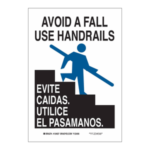 Señal de Seguridad Bilingüe para Pasamanos, Inglés/Español, PVC de Alta Visibilidad, Prevención de Caídas - Product Image 1