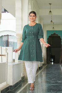 Vestido Túnica de Playa para Mujer, Talla Grande, Corte A, de Algodón Kantha No Tejido, Color Verde, Ecológico, Festivo, Étnico, con Cuello y Manga 3/4 - Product Image 2