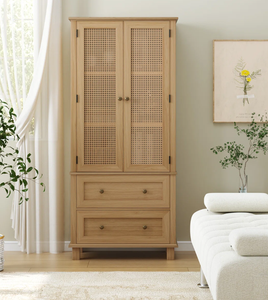 ตู้ไม้มะม่วงทรงสูงพร้อมบานประตูคู่และลิ้นชัก สีน้ำตาลสวยหรู พื้นที่จัดเก็บกว้างขวาง เหมาะสำหรับตกแต่งห้องนั่งเล่นและห้องนอน - Product Image 1