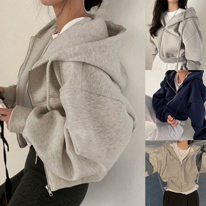 Sweat-shirt à capuche gris surdimensionné pour femme, fermeture éclair, manches régulières, polaire, polyester, anti-rétrécissement, motif géométrique brodé, hiver - Product Image 5