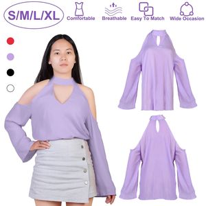 T-shirt da donna sexy con scollo a V e maniche lunghe, con spalle scoperte, tinta unita, per l'estate - Bluse e top - Product Image 1