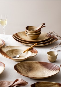Kiln transformed natural yellowish clay coloured healthy dining unique threaded pattern multiple styles BPA-free <b>dinnerware</b> <b>set</b> - Product Image 5
