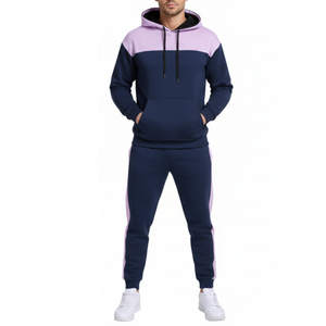 Conjunto Deportivo Premium para Hombre, Sudadera con Capucha y Pantalones Bicolor Horizontal Lavanda y Azul Marino - Product Image 1