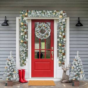 Pre-Lit 4 Piece Holiday Christmas Set Warm White LED <b>Lights</b> Set of 2 Entrance <b>Trees</b> with Wreath and Garland - Product Image 5