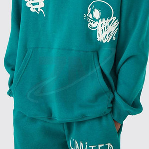 Men's Teal Hooded Tracksuit Set With Skull Print Full Sleeve Loose Fit Autumn Wear 100% Cotton Streetwear Joggers With Front <b>Log</b> - Product Image 5