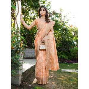 Robe de soirée en organza pêche tissé Zari Patola Elite Weaves 600g en stock - Product Image 6