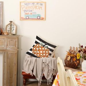 Fodera per cuscino decorativa autunnale GEEORY a righe e pois, arancione zucca, personalizzabile, per cuscini decorativi da fattoria per il Ringraziamento - Product Image 3