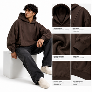 Custom <b>Men's</b> <b>Pullover</b> Fleece Hoodies Panel Stitching Relaxed Fit Drop Shoulder Sweatshirts Top for B2B Bulk Purchasing Hoodie - Product Image 5