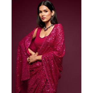 Attrayant Rose Paillettes Georgette Réception Porter Saree Avec Chemisier - Product Image 3