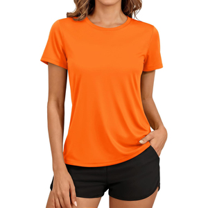 Camiseta Casual de Punto de Manga Corta con Cuello Redondo y Color Azul Marino Sólido para Mujer, de Secado Rápido, para Primavera/Verano, Gimnasio, ODM OEM - Product Image 3
