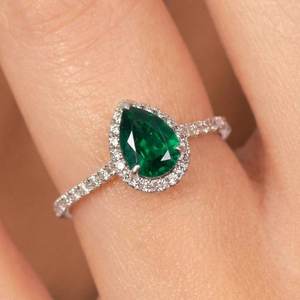 Pear <b>Emerald</b> Halo <b>Ring</b> <b>Emerald</b> Engagement <b>Ring</b> 925 Sterling <b>Silver</b> 14K Gold Plated May Birthstone Gift - Product Image 1
