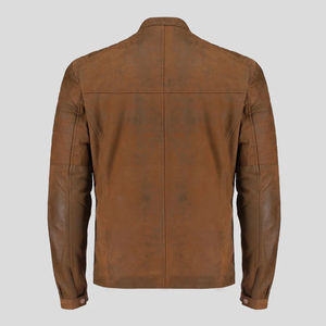 Blouson de moto coupe-vent en cuir véritable pour homme, col montant, fermeture éclair, coupe ajustée, hiver, marron, style motard urbain - Product Image 2