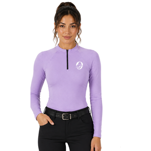 Chemise d'équitation à manches longues pour femme, personnalisée par le fabricant, imprimé lavande, col zippé, extensible et respirante - Product Image 1