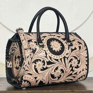 Bolsos de Viaje de Cuero Floral Hechos a Mano de Gran Capacidad, Bolsos Deportivos Unisex con Cierre de Cremallera, Bolsos de Mano Rápidos - Product Image 4