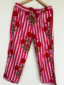 Ensemble de pyjama décontracté 3 pièces en coton tissé pour femme, motif floral rouge rayé, taille élastique faite à la main, vêtements de détente printemps-été, style bohème - Product Image 2