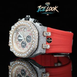 Reloj de cuarzo con cronógrafo, bisel de diamantes, correa roja, esfera dorada, moda de lujo - Product Image 2