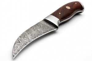 Cuchillo utilitario curvo de acero de Damasco hecho a mano con mango de palisandro y bolster de acero - Product Image 4