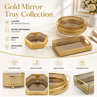Plateau miroir doré en gros, plateau de service décoratif en métal doré avec poignées pour mariage, hôtel, ensemble de plateaux miroir décoratifs en métal