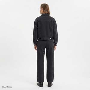 Ensemble veste en jean noire et jean droit pour femme, tenue décontractée en denim deux pièces, mode streetwear - Product Image 4