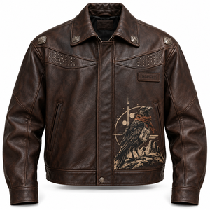 Chaqueta de Cuero con Tachuelas y Diseño Gráfico de Cuervo para Hombre, Chaqueta de Motero Estilo Western de Cuero Vacuno Marrón Oscuro Personalizada, Proveedor Directo de Fábrica - Product Image 1