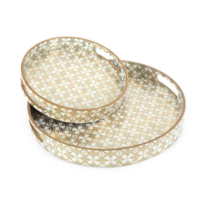 Nampan saji kayu fantastis dengan motif enamel bunga dua warna, set 2 buah, untuk tatakan makan yang menakjubkan - Product Image 1