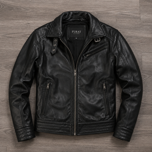 Veste Moto Décontractée Homme FURAT en Cuir Véritable Noir Imperméable, Col Montant, Fermeture Éclair, Coupe Droite, Style Hiver en Peau de Vache - Product Image 1