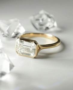 Sparkly Lab Grown 2.00 CT Emerald Cut Diamond Promise Bezel <b>Set</b> <b>Ring</b> For Unisex 14K Solid <b>Gold</b> Wedding Party Gift For Partners - Product Image 1