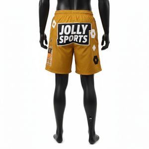 กางเกงขาสั้นผู้หญิงคุณภาพสูง 220 GSM ผ้าไนลอนผสม สีมัสตาร์ดทอง แต่งลายปะติดหลากหลาย พร้อมสกรีนโลโก้ตามสั่ง - Product Image 2