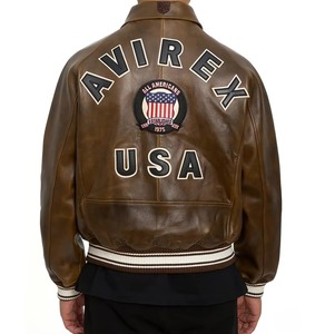 Veste en cuir marron Avirex avec patch brodé, col rabattu, fermeture éclair, veste en cuir Avirex pour homme, idéale pour l'automne - Product Image 4