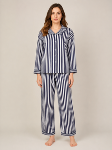 Comfortable Navy <b>Blue</b> Striped Two Piece Set Turndown Collar Long Sleeves Button Shirt Elastic Waist Trouser Casual Pajama Suit - Product Image 1