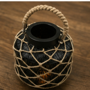 Round <b>Black</b> <b>Lantern</b> Candle Holder with Rope Net Design and Handle for Home Decoration - Product Image 4