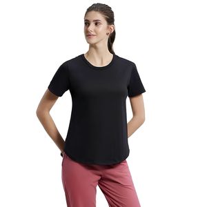 Camiseta de Manga Corta con Cuello Redondo Negra para Mujer, Corte Regular, Secado Rápido, Tejido de Poliéster, Color Sólido Informal, para Todas las Temporadas - Product Image 1
