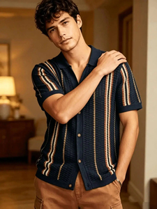 Men's <b>Vintage</b> Striped Knit <b>Polo</b> <b>Shirt</b>, Casual Summer Short Sleeve Top for Daily Wear & Weekend Private Label <b>Polo</b> <b>Shirt</b> Men's - Product Image 2