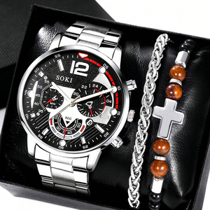 Reloj de Cuarzo de Acero Inoxidable Plateado para Hombre con Calendario y Juego de Pulseras de Cuentas 192119 - Product Image 2