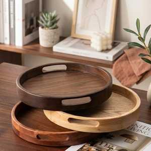 Round Wooden Decorative Trays Set Handcrafted Minimalist Design Multi-piece Package Natural Wood Finish Handle Serving Tray - Product Image 1