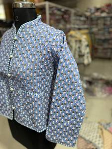 Blue <b>Quilted</b> Cotton <b>Jacket</b> Women Mandarin Collar Floral <b>Pattern</b> Full Sleeve Autumn Wear Pullover Style GIFT FOR HER - Product Image 5