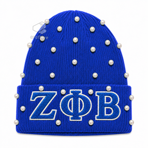 Gorro de Punto Azul con Perlas para Mujer de la Hermandad Zeta Phi Beta, Gorro Casual de Invierno con Letras Griegas Bordadas en Chenilla - Product Image 1