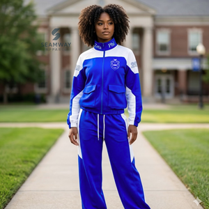 ชุดวอร์มไนลอน Zeta Phi Beta Sorority พร้อมเสื้อแจ็คเก็ตปักลายและกางเกงจ็อกเกอร์ สีน้ำเงินและสีขาวแบบคัลเลอร์บล็อก - Product Image 4