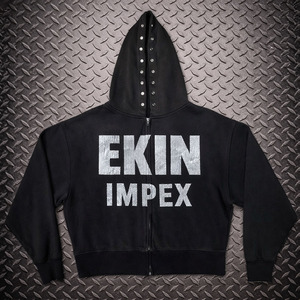 Sudadera con capucha personalizada de 400 g/m² con estampado DTG, corte ajustado, efecto desgastado, rasgado, con cremallera y pedrería, 100% algodón, transpirable, con efecto descolorido por el sol y lavado ácido. - Product Image 1