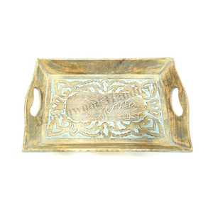 Burnt White Wash Color Top Quality Hot Selling Hand Carved Rectangular 100% Natural Mango Wood Food Serving Tray for Bulk Buyers - Product Image 1
