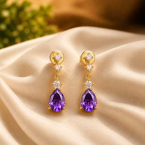 Boucles d'oreilles pendantes en argent sterling 925 avec pierre précieuse en forme de poire violette et moissanite ronde en forme de goutte d'eau pour mariage et soirée - Product Image 2