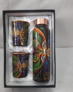 Bouteille d'eau ayurvédique, gourde réutilisable pour le yoga, le sport et les voyages, motif mandala bleu, commande en gros, cuivre peint à la main - Product Image 2
