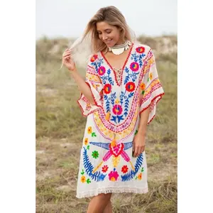 Classic Retro Style Vintage Look Women Summer Cotton Chain Stitch Suzani Floral Embroidered Women Beach Wear Kaftan Dress Tunic