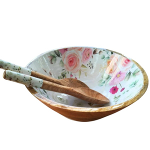 Handmade Wood Salad Bowl Set with Matching Servers Round Floral Enamel Interior Serving Bowl for Fruit & Pasta <b>Kitchen</b> Decor - Product Image 1