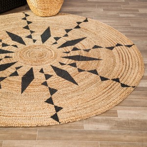 Tapis rond en jute à motif géométrique, style bohème, fait main, antidérapant, pour décoration de salon, à poils plats, noir naturel - Product Image 6
