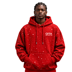 <b>Red</b> White Speckled Print Men <b>Hoodie</b> Heavyweight Pullover Sweatshirt Long Sleeve Drawstring Hood Kangaroo Pocket Streetwear - Product Image 1